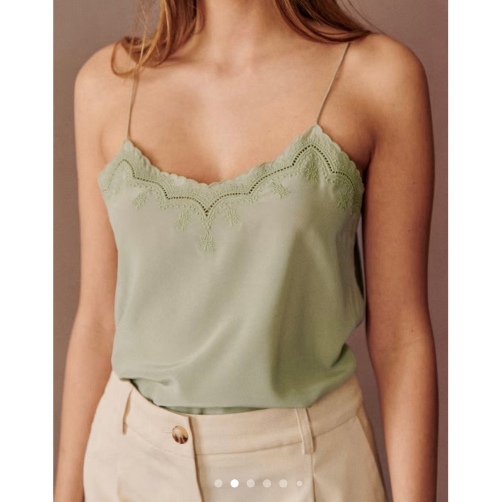 Sezane Palma Top Silk Embroidered Scallop Camisole Sea Green Size 32